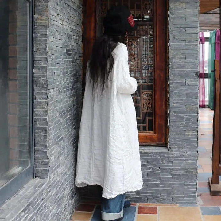 Autumn White Linen Vintage Long Sleeve Robe Woman Long Dress