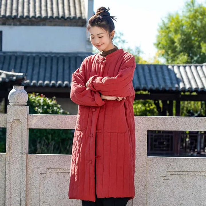Red Oversize Linen Padded Long-Sleeved Winter Coat for Women-Women's coat-Thebesttailor-Thebesttailor