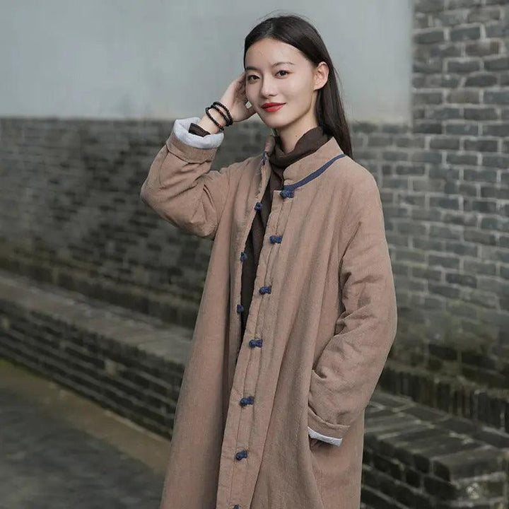 Women's Winter Coat Oversized Linen Cotton Coat with Handy Pockets-Women's coat-Thebesttailor-One size-Khaki-Linen-Thebesttailor