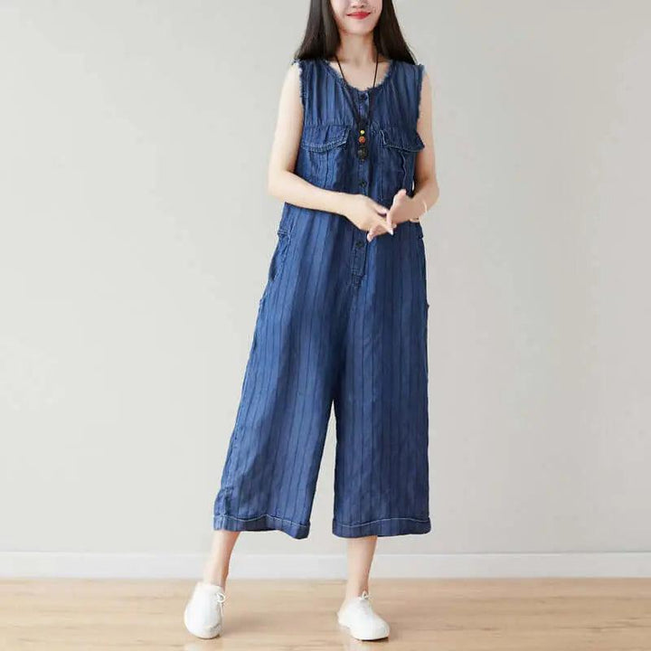Denim Sleeveless Cropped Jumpsuit in Dark Blue Stripes for Women-Women's pants-Thebesttailor-Thebesttailor