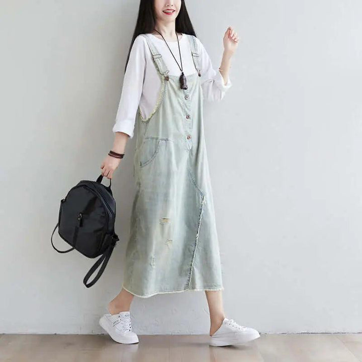 Blue Denim Midi Dress for Women: Summer Casual Chic Outfit-Women's dress-Thebesttailor-Thebesttailor