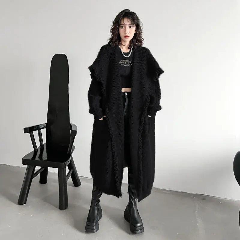 Women's Winter Knitwear: Long Fringed Sweater Coat-KNITTED SWEATERS-Thebesttailor-Thebesttailor