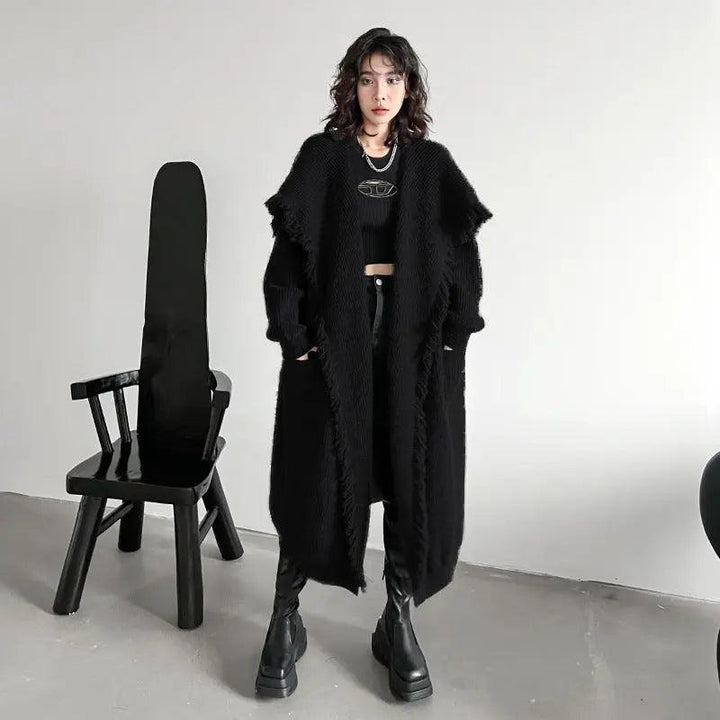 Women's Winter Knitwear: Long Fringed Sweater Coat-KNITTED SWEATERS-Thebesttailor-Thebesttailor