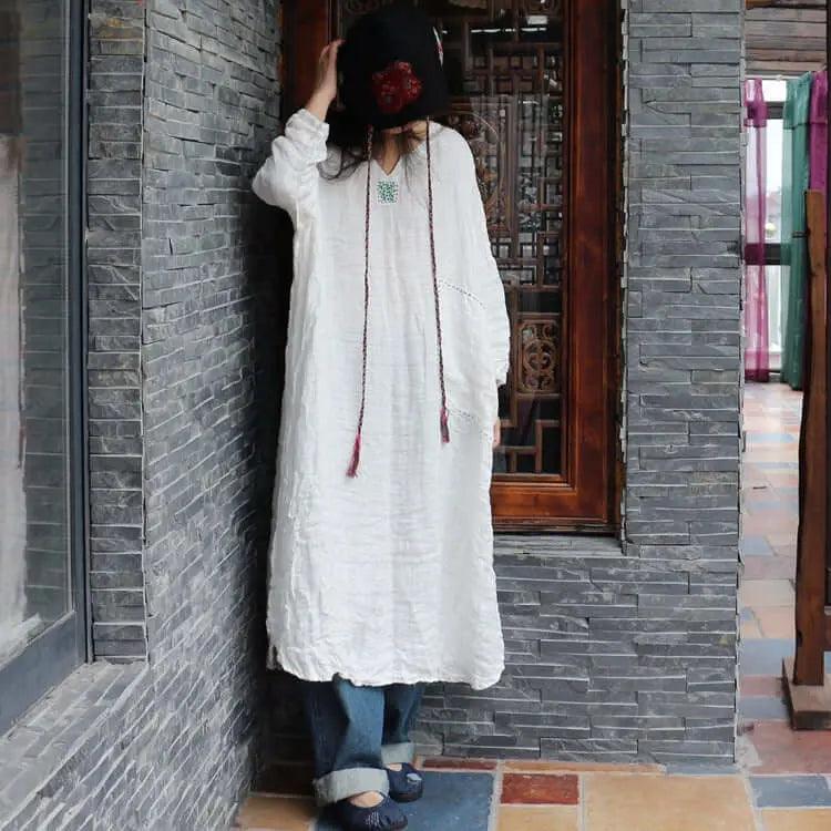 Autumn White Linen Vintage Long Sleeve Robe Woman Long Dress
