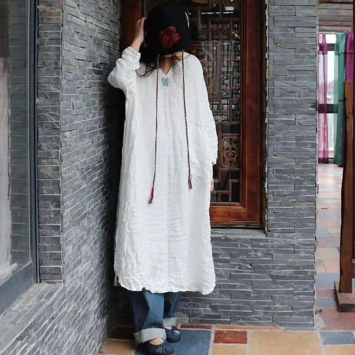 Autumn White Linen Vintage Long Sleeve Robe Woman Long Dress