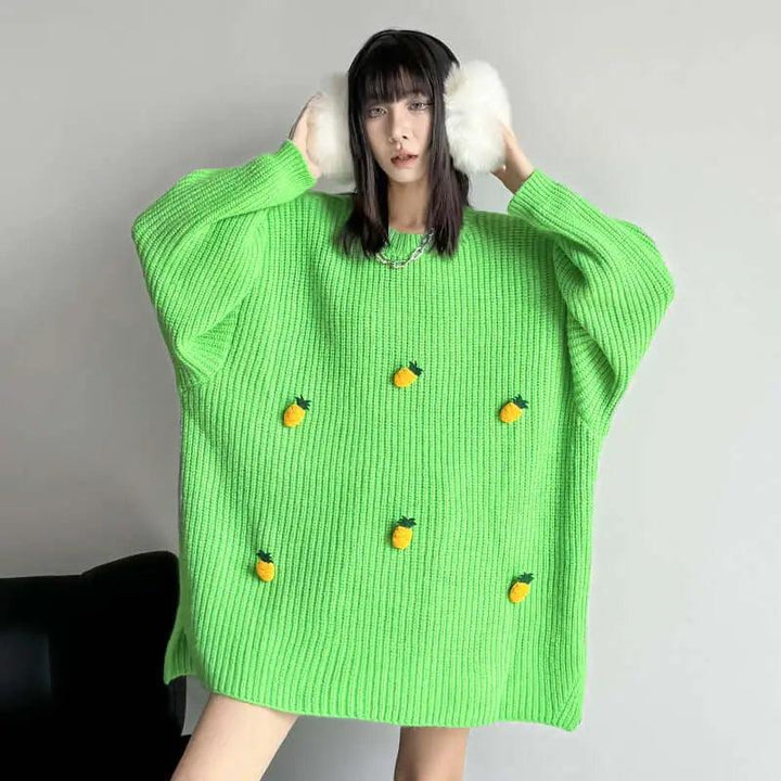 Stylish Women's Turtleneck Sweater with Fruit Pattern-KNITTED SWEATERS-Thebesttailor-One size-Green-Cotton-Thebesttailor