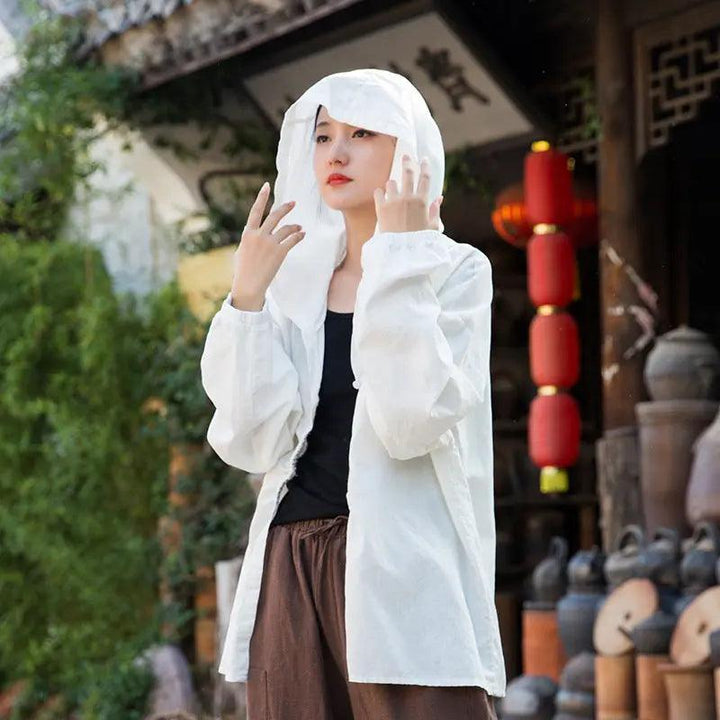 women Retro Linen Sand Washed Loose White Hooded Blouses-Women's Shirt-Thebesttailor-One size-White-Thebesttailor