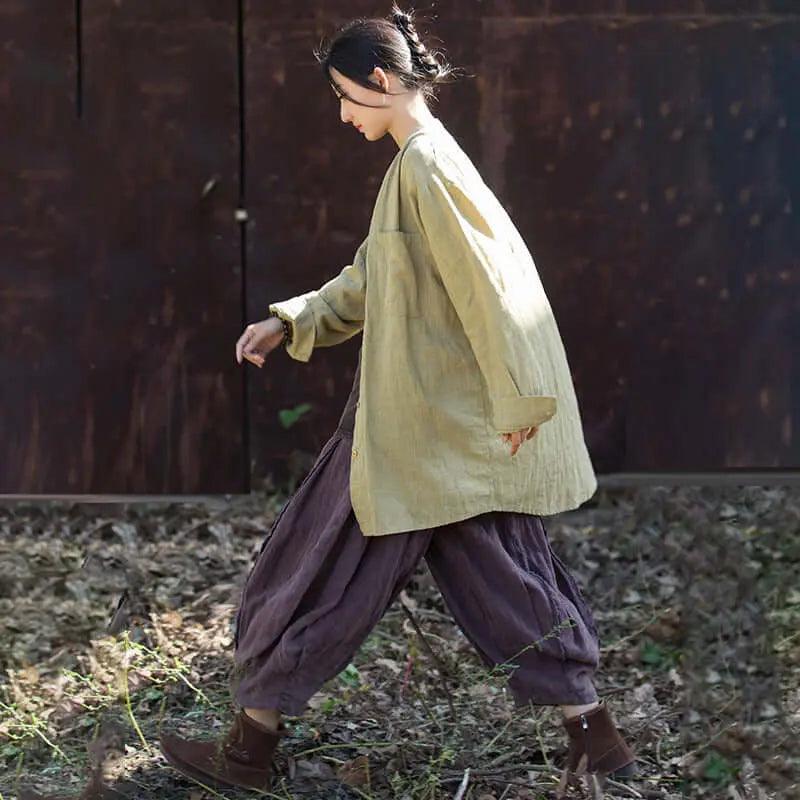 Elegant Vintage Linen Shirts for Stylish Women-Women's Shirt-Thebesttailor-One size-Grass yellow-Linen-Thebesttailor