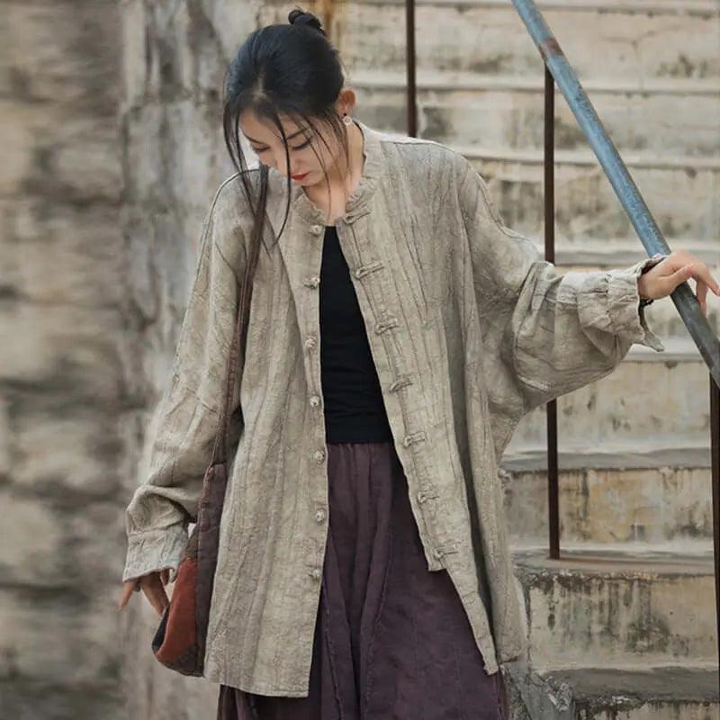 Vintage Spring Linen Women's Stand Collar Cardigan-Women's Shirt-Thebesttailor-One size-Linen color-Linen-Thebesttailor