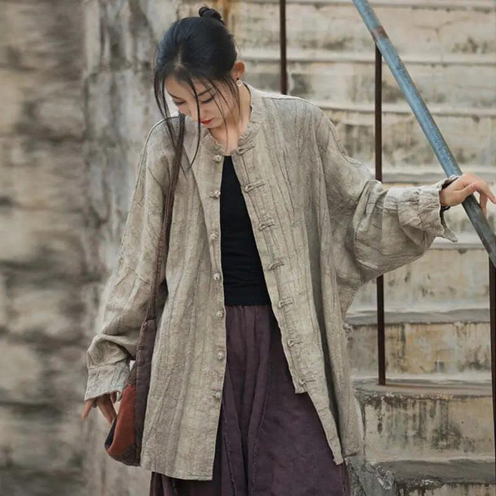 Vintage Spring Linen Women's Stand Collar Cardigan-Women's Shirt-Thebesttailor-One size-Linen color-Linen-Thebesttailor