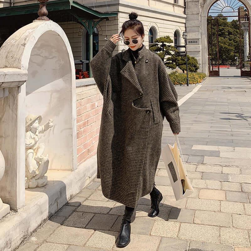 Brown Plaid Maxi Wool Coat with Long Sleeves for Women by Thebesttailor