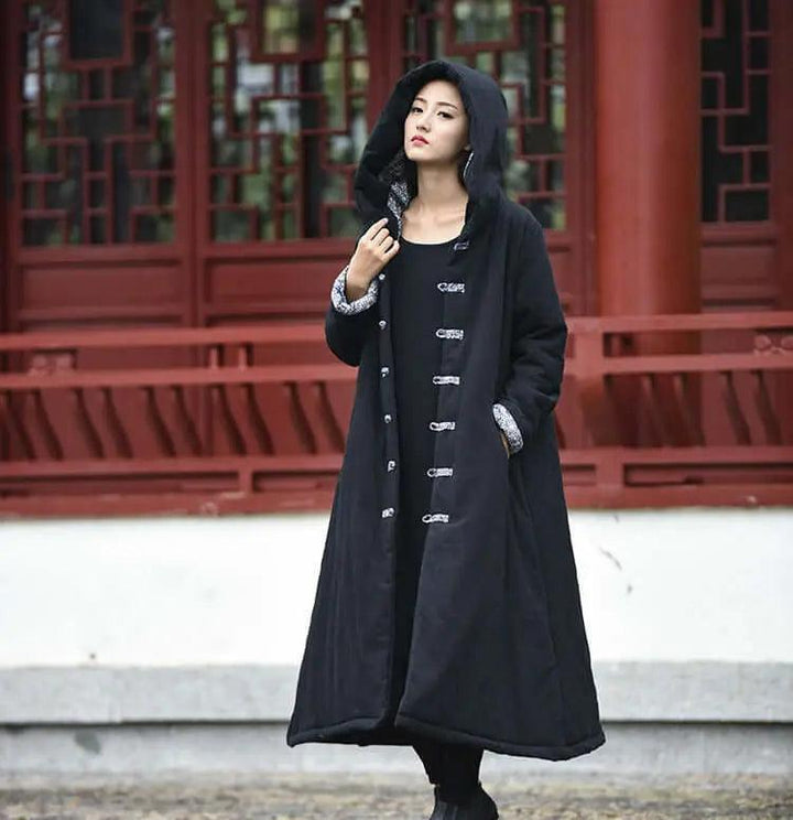 Mystical Enchantress Linen Hooded Cotton Winter Coat-Women's coat-Thebesttailor-One size-Black-Linen-Thebesttailor