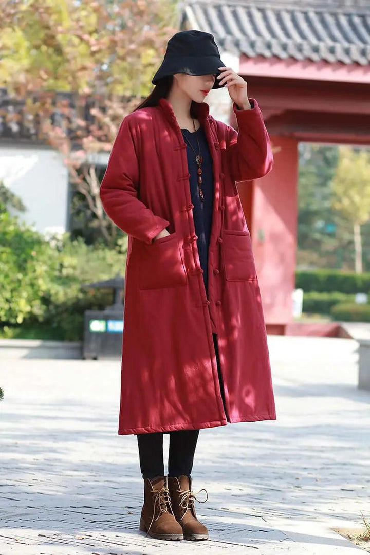 Red Linen Padded Oversize Winter Coat for Women-Women's coat-Thebesttailor-Thebesttailor