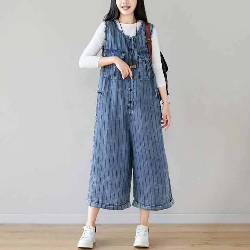 Denim Sleeveless Cropped Jumpsuit in Dark Blue Stripes for Women-Women's pants-Thebesttailor-One size-Light blue-Thebesttailor