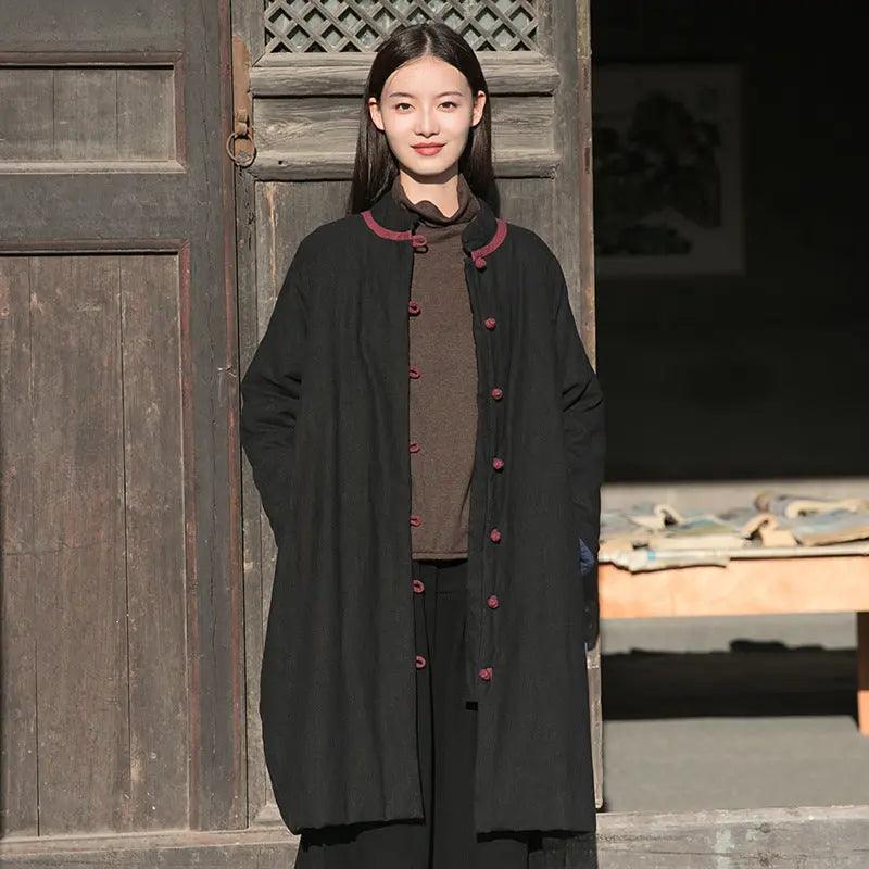 Women's Winter Coat Oversized Linen Cotton Coat with Handy Pockets-Women's coat-Thebesttailor-One size-Black-Linen-Thebesttailor