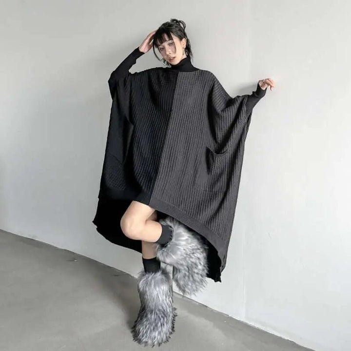 Oversized Turtleneck Sweater Dress with Colorblock Pattern-KNITTED SWEATERS-Thebesttailor-One size-Black-Cotton-Thebesttailor
