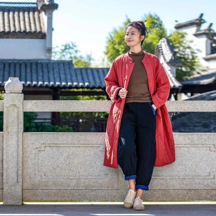 Red Oversize Linen Padded Long-Sleeved Winter Coat for Women-Women's coat-Thebesttailor-Thebesttailor