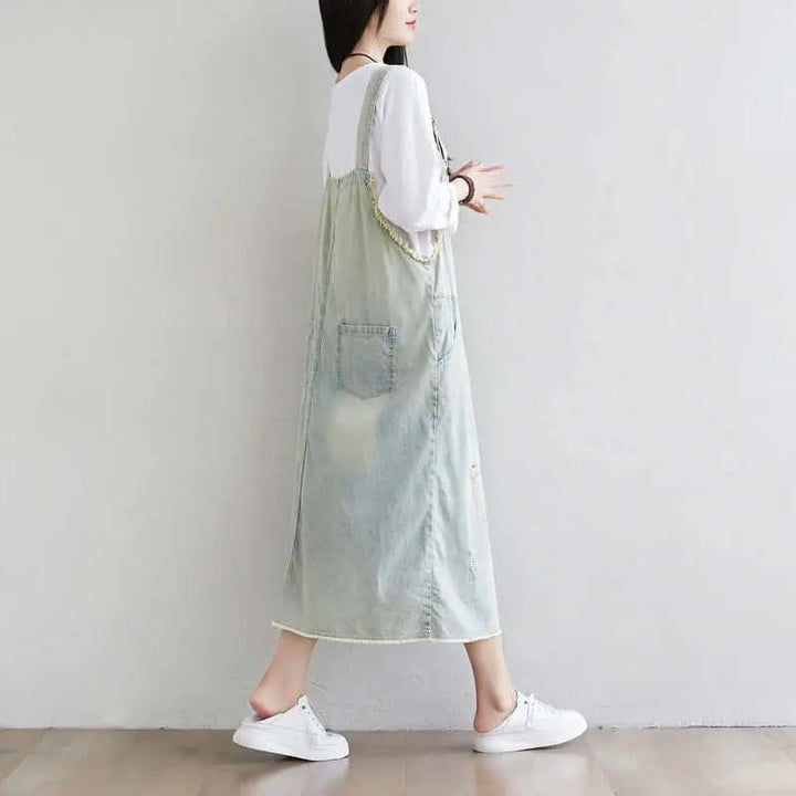 Blue Denim Midi Dress for Women: Summer Casual Chic Outfit-Women's dress-Thebesttailor-Thebesttailor