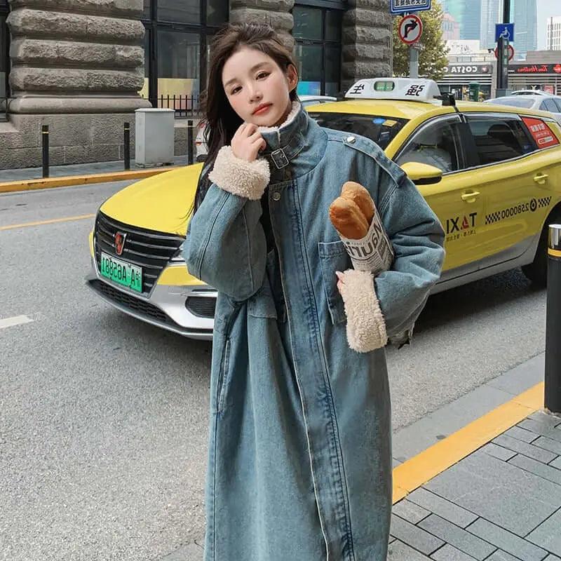 Rabbit Fur Collar Stylish Winter Parka Denim Coat for Women-Women's coat-Thebesttailor-One size-Blue-Denim-Thebesttailor