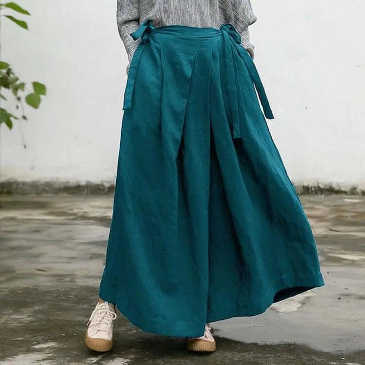 Versatile Bohemian Linen Culottes Mid-Waist Wide-Leg Pants-Women's pants-Thebesttailor-One size-Blue green-Thebesttailor