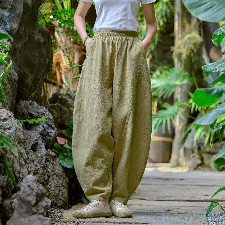 Women Elastic Waist Pants autumn mustard yellow water linen large size casual pants-Women's pants-Thebesttailor-Thebesttailor