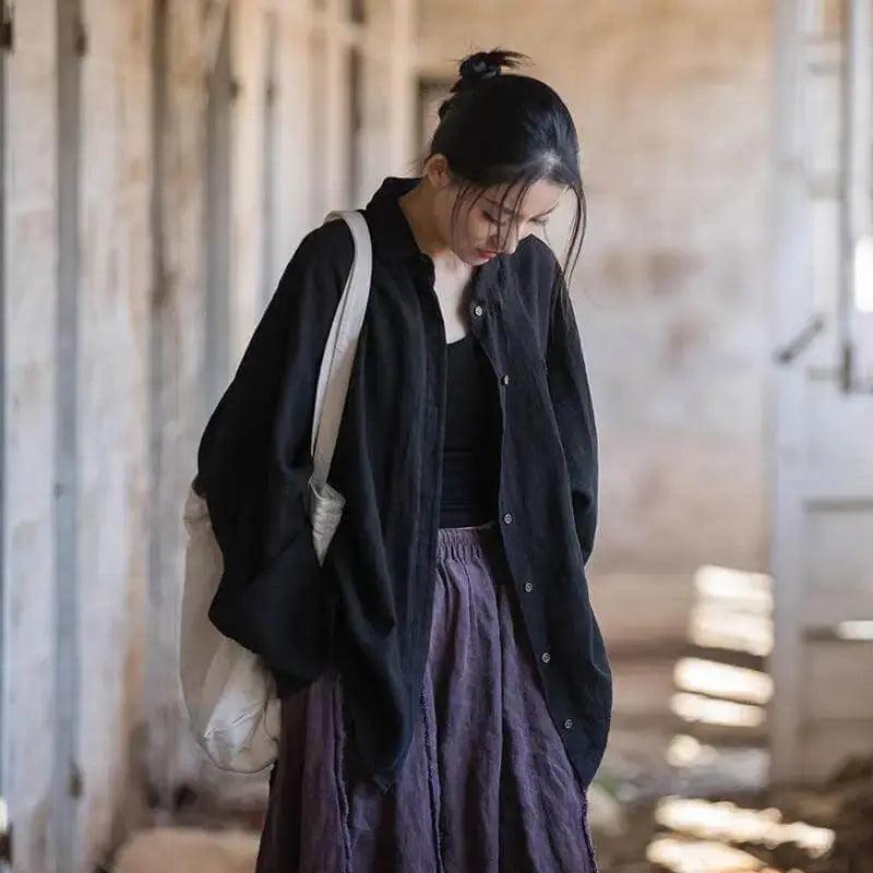 linen cardigan Women's Tops Summer Linen blouse for women-Women's Shirt-Thebesttailor-One size-Black-Thebesttailor