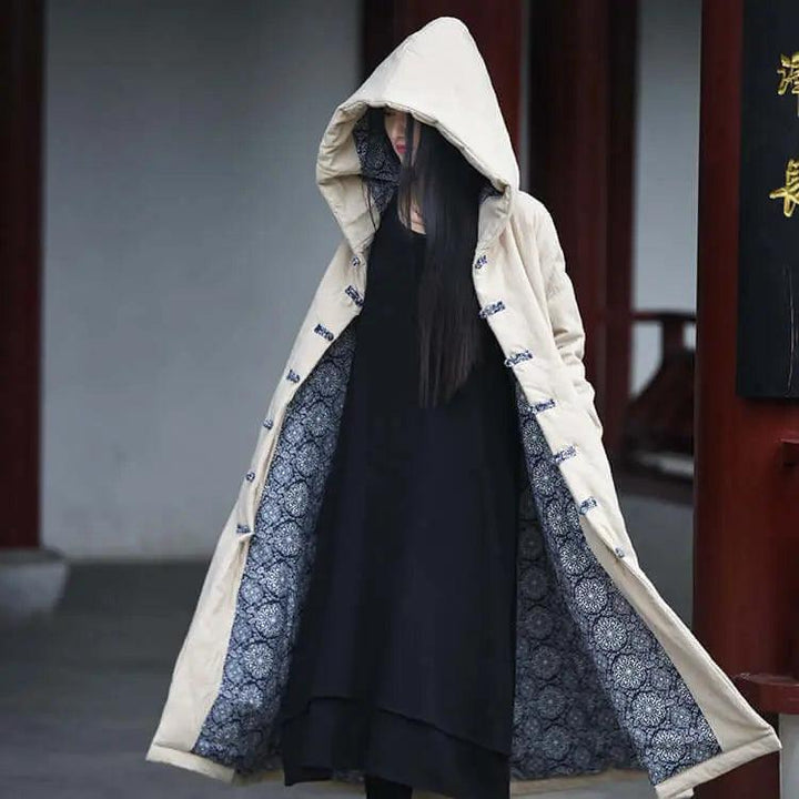 Mystical Enchantress Linen Hooded Cotton Winter Coat-Women's coat-Thebesttailor-One size-Beige-Linen-Thebesttailor
