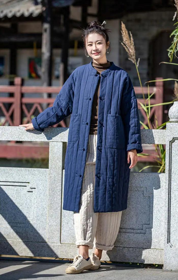 Red Oversize Linen Padded Long-Sleeved Winter Coat for Women-Women's coat-Thebesttailor-Thebesttailor