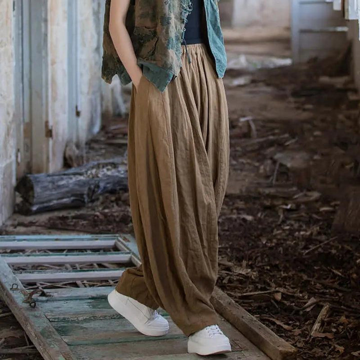 Linen Harem Pants for Women: Comfy Casualwear-Women's pants-Thebesttailor-One size-Tea brown-Cotton/linen-Thebesttailor