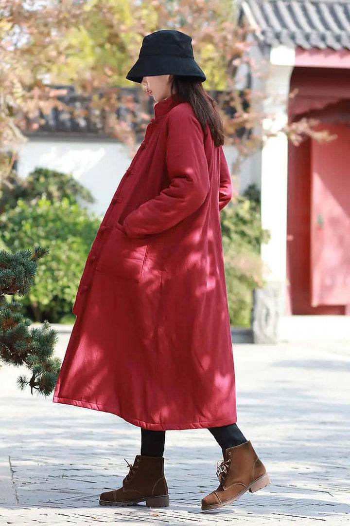 Red Linen Padded Oversize Winter Coat for Women-Women's coat-Thebesttailor-Thebesttailor