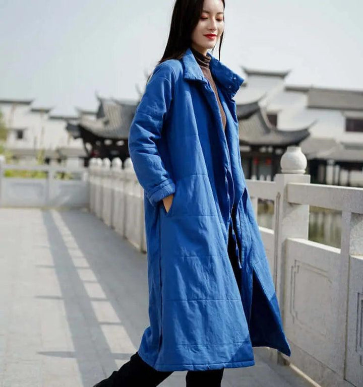 Elegant Vintage Linen Coat with Silk Cotton Filling-Women's coat-Thebesttailor-One size-Blue-Thebesttailor