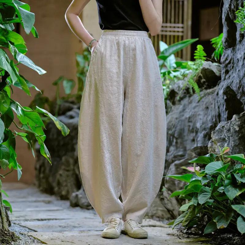 Women Elastic Waist Pants autumn mustard yellow water linen large size casual pants-Women's pants-Thebesttailor-One size-Linen color-Linen-Thebesttailor