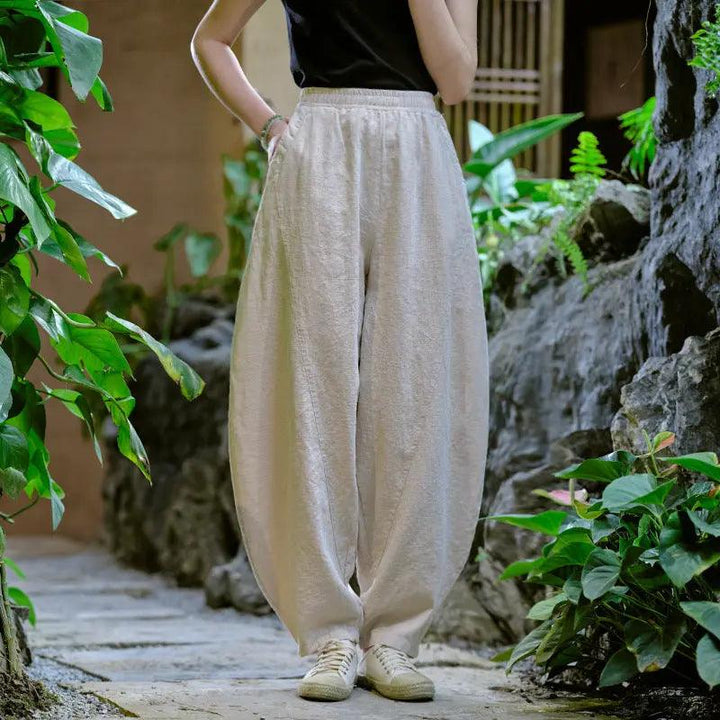 Women Elastic Waist Pants autumn mustard yellow water linen large size casual pants-Women's pants-Thebesttailor-One size-Linen color-Linen-Thebesttailor