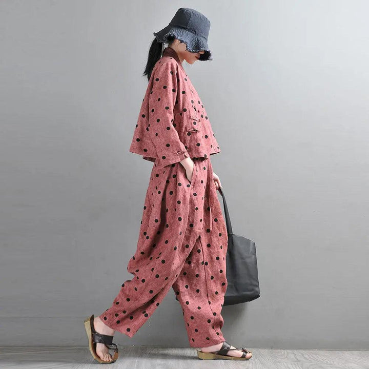 Retro Rust Red Linen Wave Point Bloomer Pants Suit-Women's Shirt-Thebesttailor-Thebesttailor