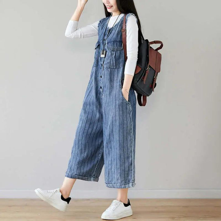 Denim Sleeveless Cropped Jumpsuit in Dark Blue Stripes for Women-Women's pants-Thebesttailor-Thebesttailor