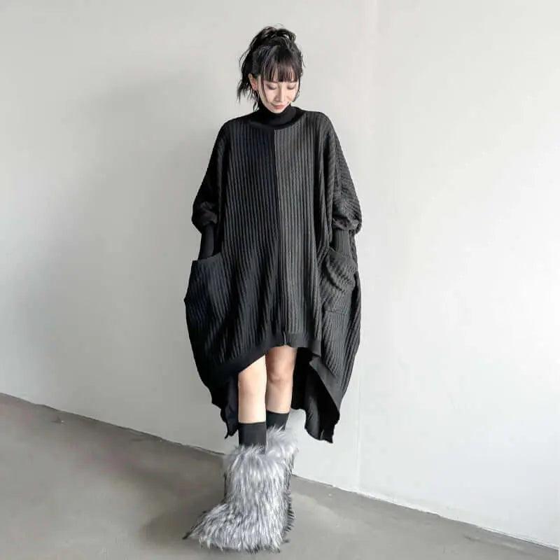 Oversized Turtleneck Sweater Dress with Colorblock Pattern-KNITTED SWEATERS-Thebesttailor-Thebesttailor