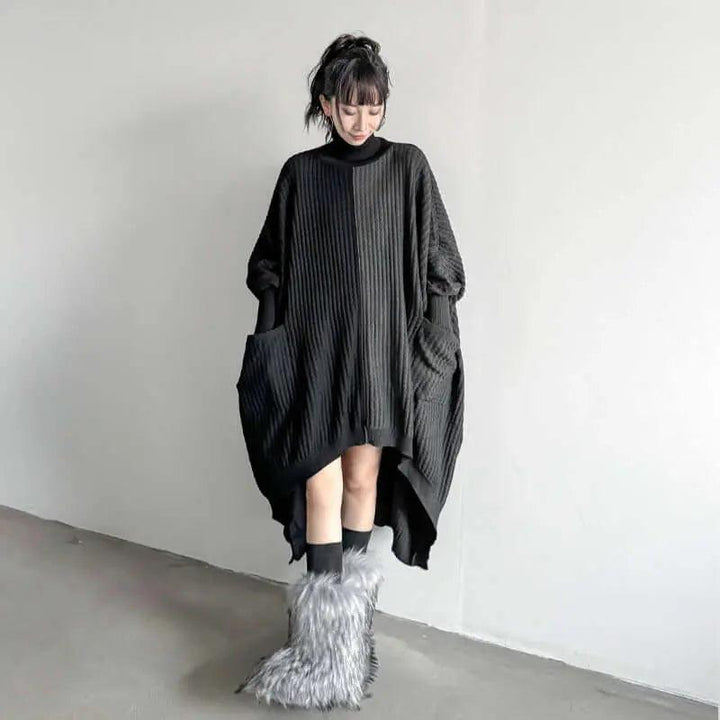 Oversized Turtleneck Sweater Dress with Colorblock Pattern-KNITTED SWEATERS-Thebesttailor-Thebesttailor