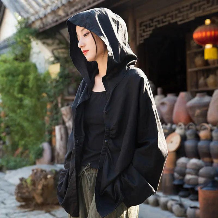 women Retro Linen Sand Washed Loose White Hooded Blouses-Women's Shirt-Thebesttailor-One size-Black-Thebesttailor