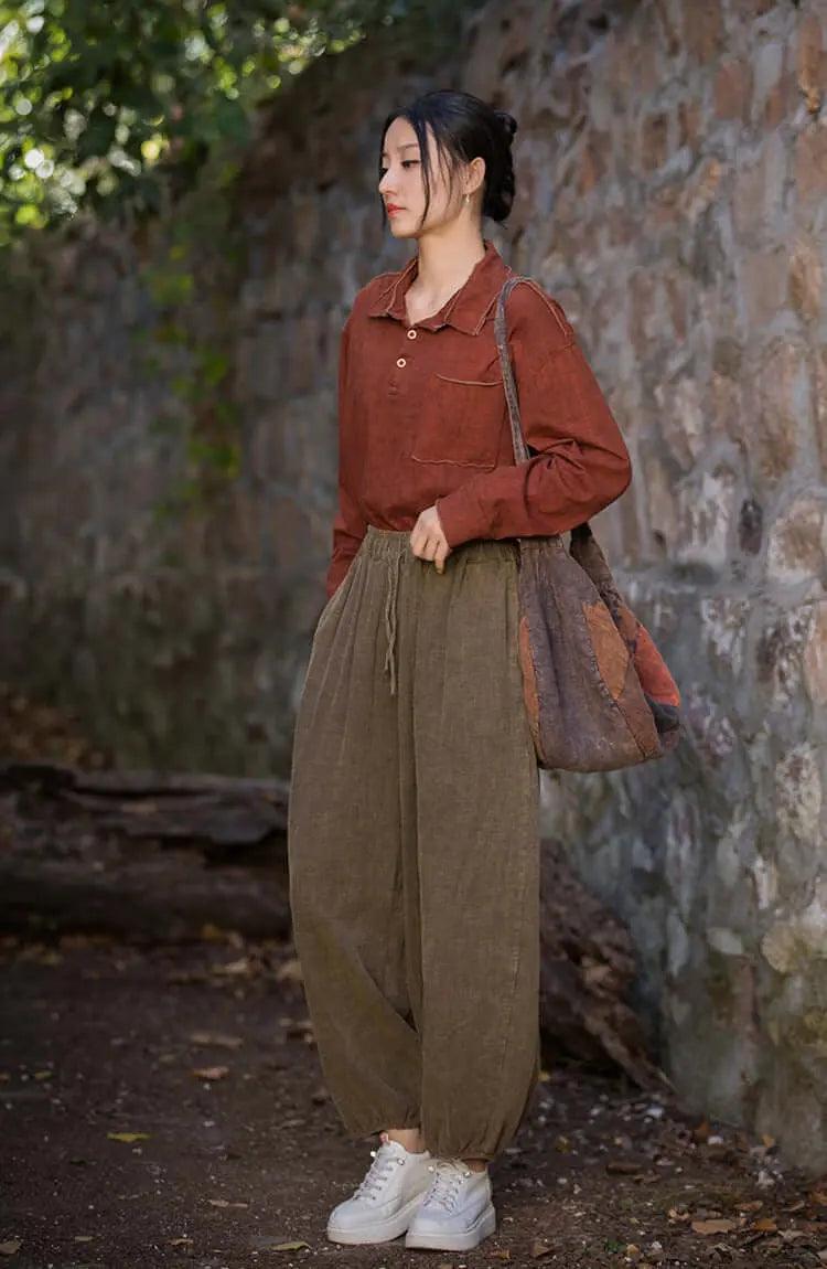 Vintage-inspired Linen Carrot Pants for Modern Women-Women's pants-Thebesttailor-One size-Brown-Linen-Thebesttailor
