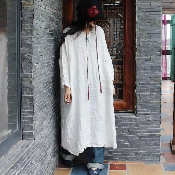 Autumn White Linen Vintage Long Sleeve Robe Woman Long Dress