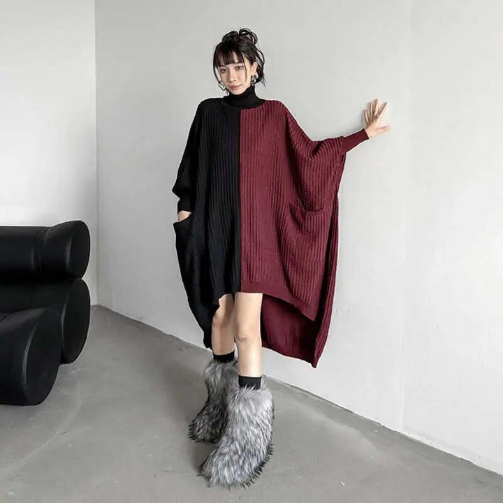 Oversized Turtleneck Sweater Dress with Colorblock Pattern-KNITTED SWEATERS-Thebesttailor-One size-Red-Cotton-Thebesttailor