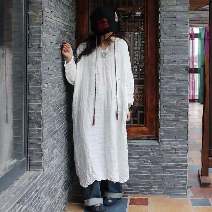 Autumn White Linen Vintage Long Sleeve Robe Woman Long Dress