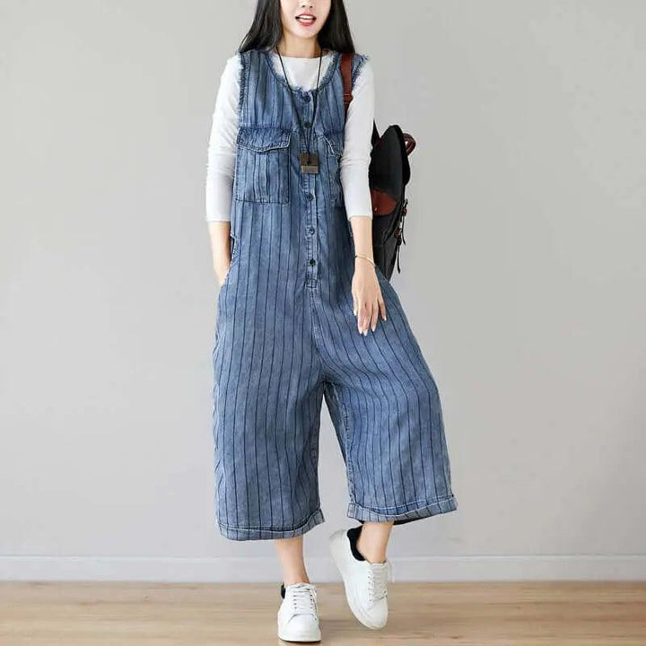 Denim Sleeveless Cropped Jumpsuit in Dark Blue Stripes for Women-Women's pants-Thebesttailor-Thebesttailor