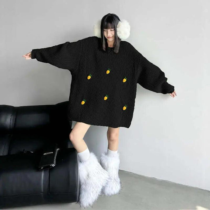 Stylish Women's Turtleneck Sweater with Fruit Pattern-KNITTED SWEATERS-Thebesttailor-One size-Black-Cotton-Thebesttailor