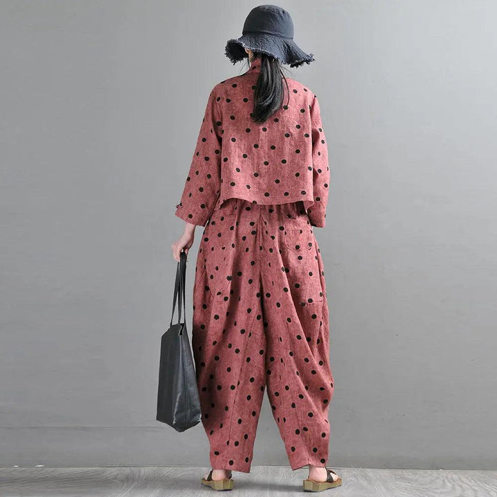 Retro Rust Red Linen Wave Point Bloomer Pants Suit-Women's Shirt-Thebesttailor-Thebesttailor