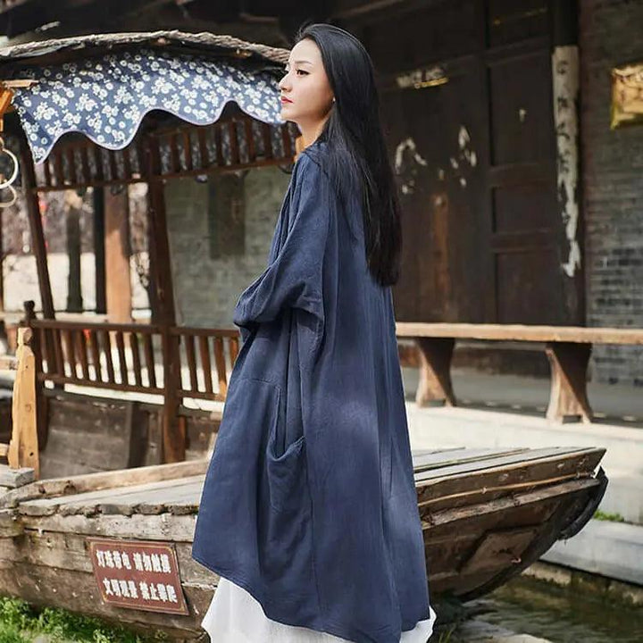 linen trench coat womens - Elegant Spring and Autumn Attire-Women's coat-Thebesttailor-One size-Navy blue-Linen-Thebesttailor