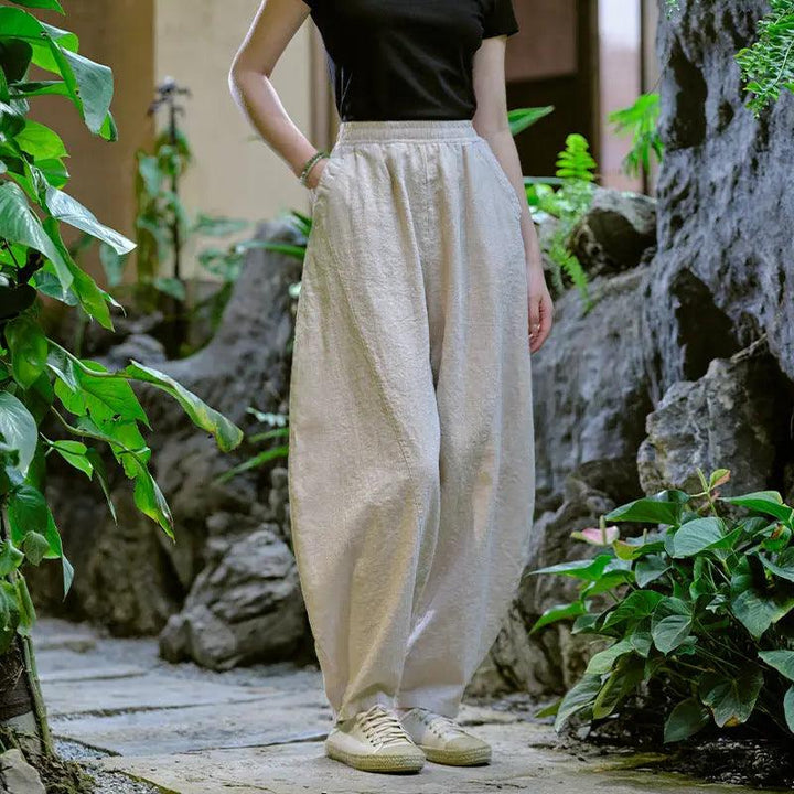 Women Elastic Waist Pants autumn mustard yellow water linen large size casual pants-Women's pants-Thebesttailor-Thebesttailor