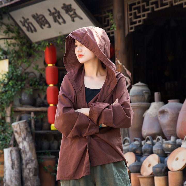 women Retro Linen Sand Washed Loose White Hooded Blouses