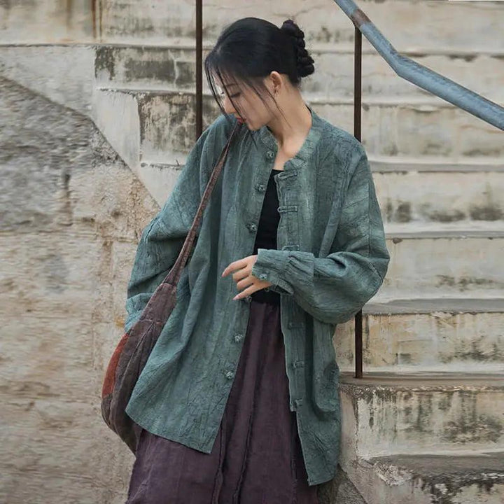 Vintage Spring Linen Women's Stand Collar Cardigan-Women's Shirt-Thebesttailor-One size-Blue-Linen-Thebesttailor