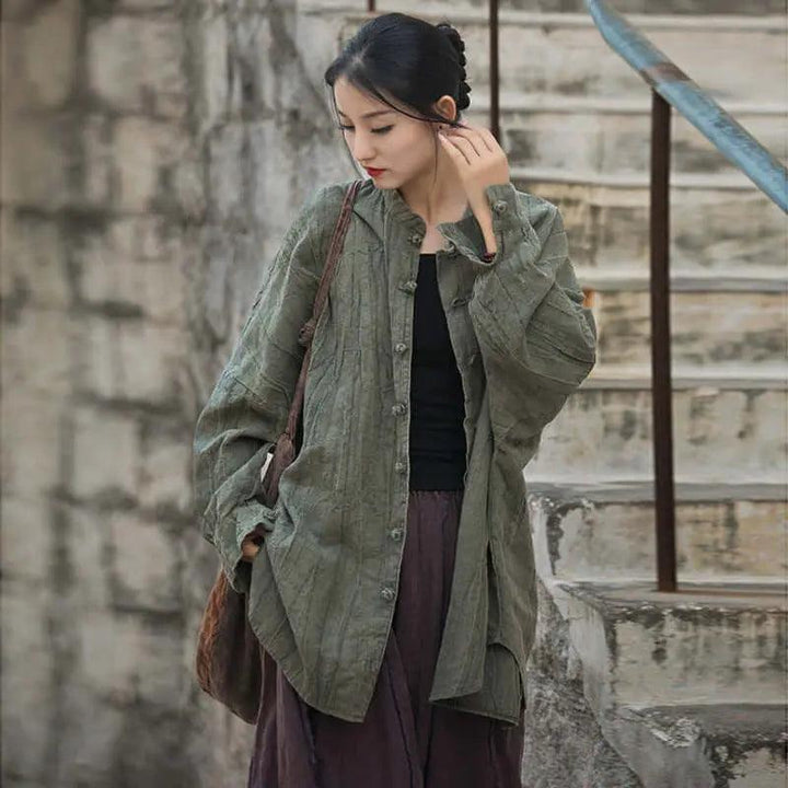 Vintage Spring Linen Women's Stand Collar Cardigan-Women's Shirt-Thebesttailor-One size-ArmyGreen-Linen-Thebesttailor